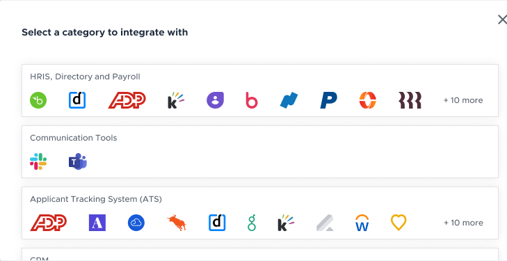 Embedded Authentication: select a category to integrate with